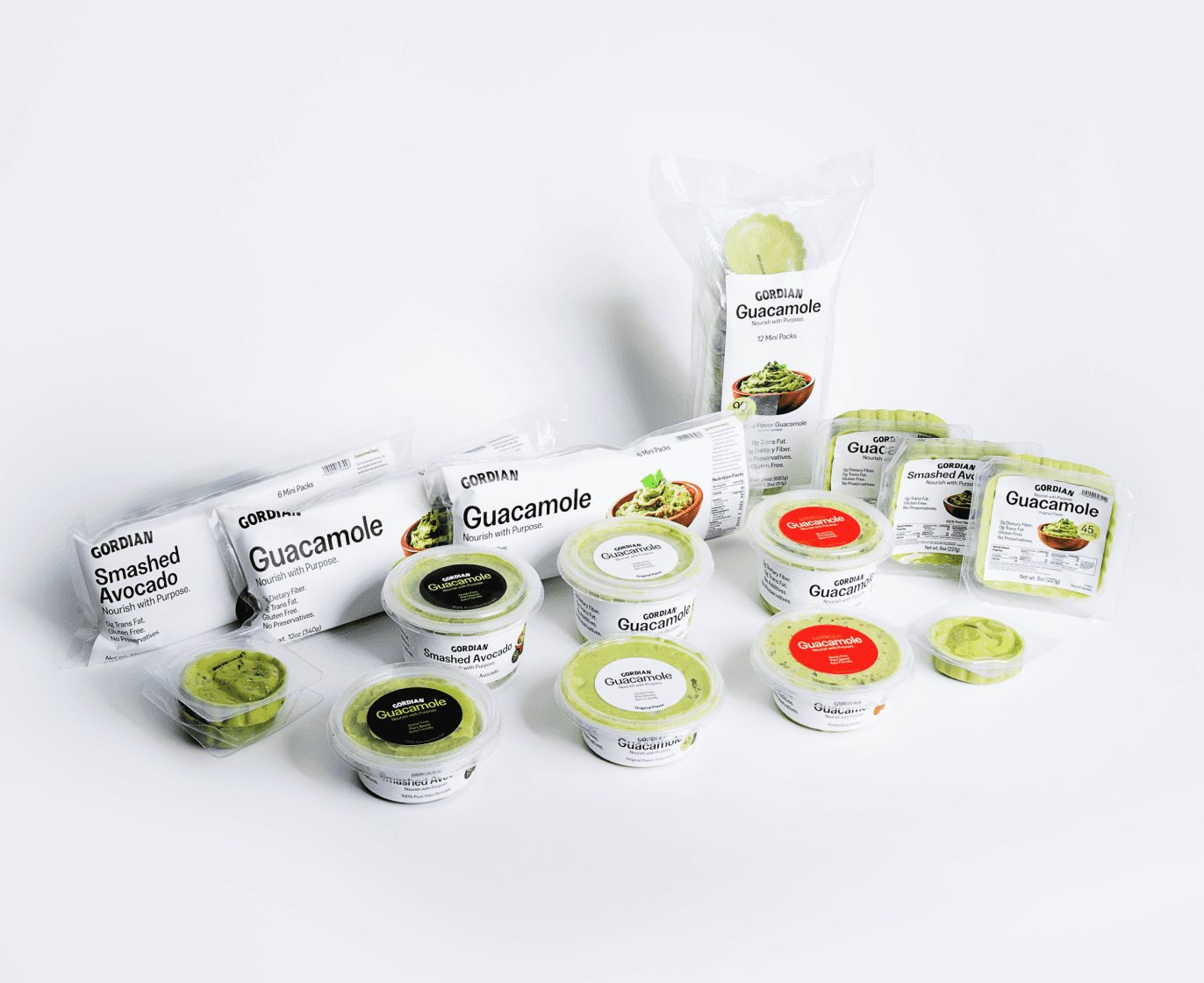 The full range of Gordian guacamole and smashed avocado packaging
