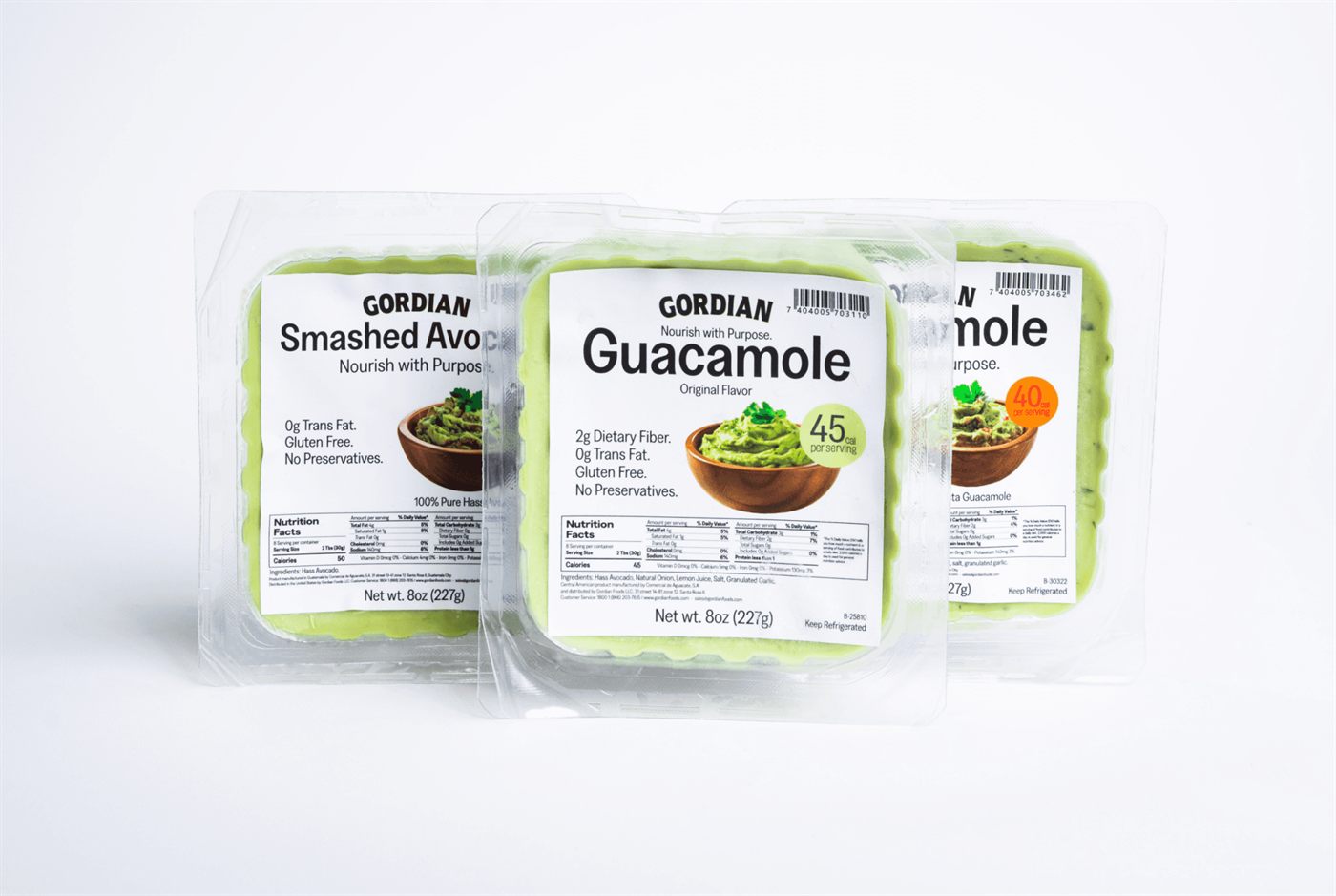 Retail packs of Gordian Smashed Avocado and Guacamole
